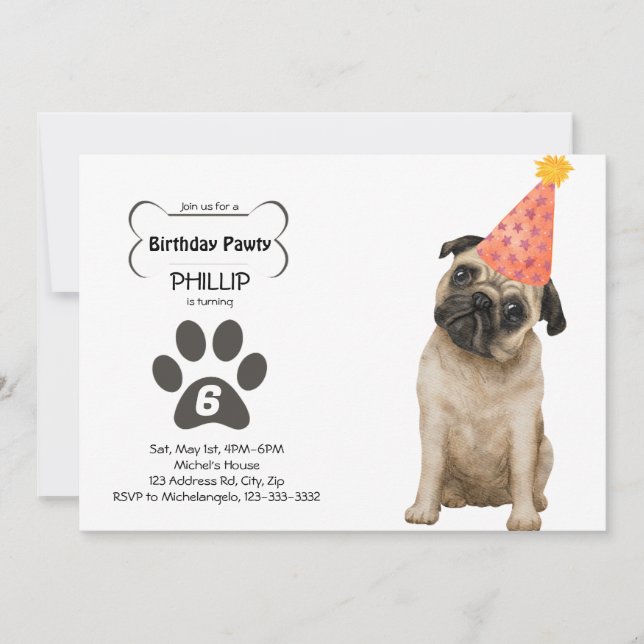 Invitation Carlin personnalisable Anniversaire PAWTY (Devant)