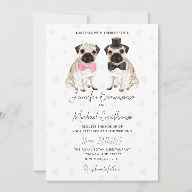 Invitation Carlin thème patte coeur chien mariage (Devant)