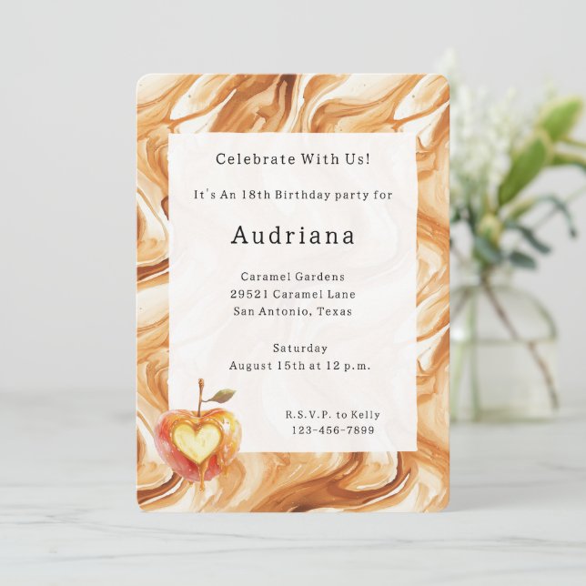 Invitation Carmel Cream Heart Apple Caramel Birthday  (Debout devant)