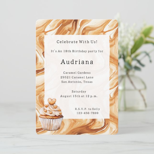 Invitation Carmel Cream Hearts Caramel Cupcake Birthday  (Debout devant)