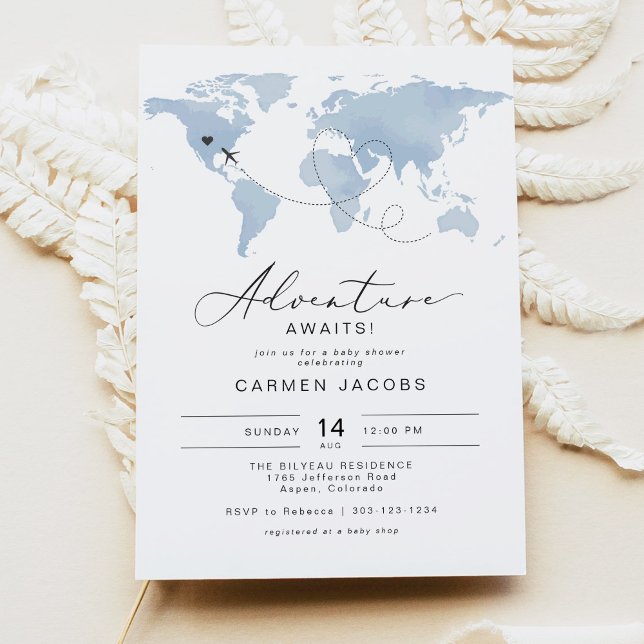 Invitation CARMEN Dusty Blue Map Baby shower d'aventure (Créateur téléchargé)