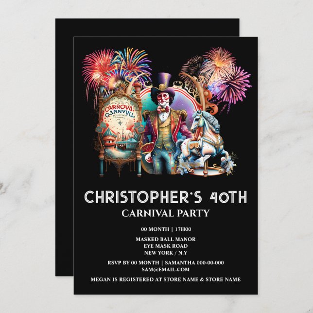 Invitation Carnaval à thème du cirque pour adultes (Devant / Derrière)