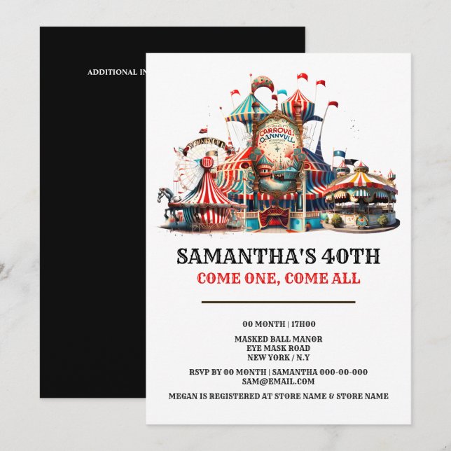 Invitation Carnaval anniversaire rétro cirque tente carousin  (Devant / Derrière)