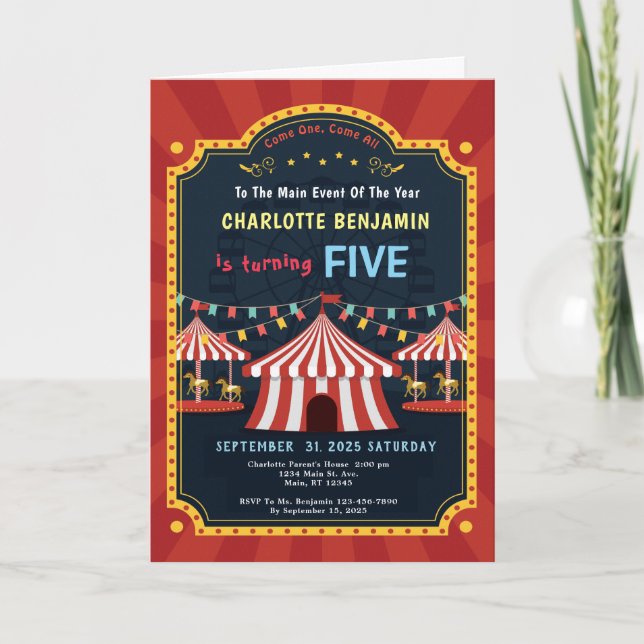 Invitation Carnaval Cirque Merry Go Round Anniversaire (Devant)