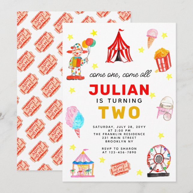 Invitation Carnaval Cirque Tente Clown Popcorn Enfant Anniver (Devant / Derrière)