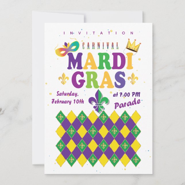Invitation Carnaval de Mardi Gras Fleur de Lis Diamond Harleq (Devant)