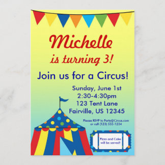 Invitation Carnaval du cirque jaune et bleu Gros anniversaire