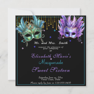 Invitation Carnaval Masqué Rose Turquoise Sweet Seize Ans 