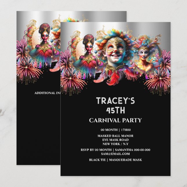 Invitation Carnaval nuit cirque feux d'artifice mascarade mas (Devant / Derrière)