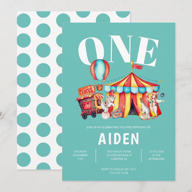 Invitation Carnival Circus Big Top Aqua 1er Anniversaire (Devant / Derrière)