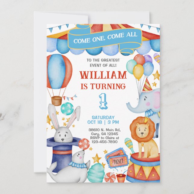 Invitation Carnival / Circus blue boy birthday invitation. (Devant)