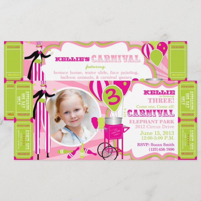 Invitation Carnival Circus Stilt Walker Anniversaire (Devant / Derrière)