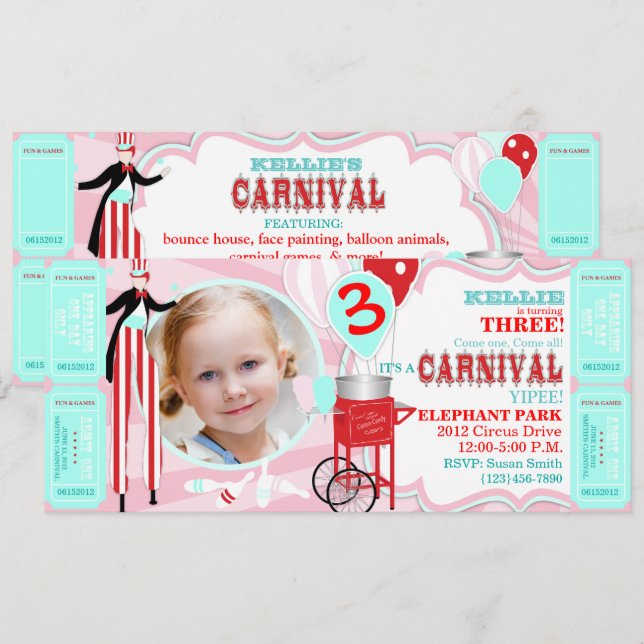 Invitation Carnival Circus Stilt Walker Anniversaire (Devant / Derrière)