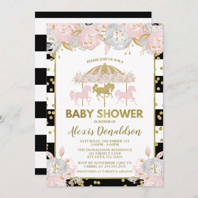 Invitation Carousel Baby shower rose et or (Devant / Derrière)