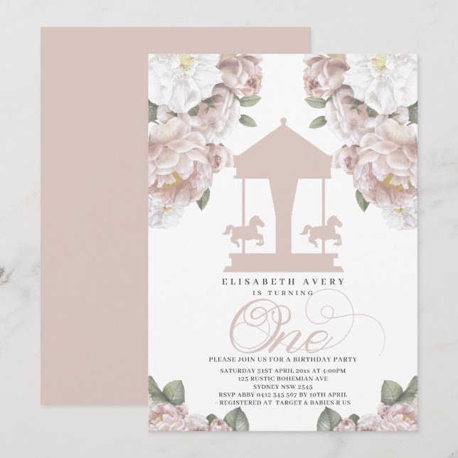 Invitation Carousel Floral Rose doux premier anniversaire (Devant / Derrière)
