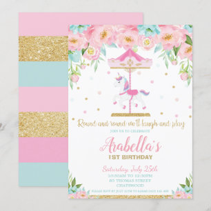 Invitation Carousel Unicorn 1er anniversaire Monnaie rose flo