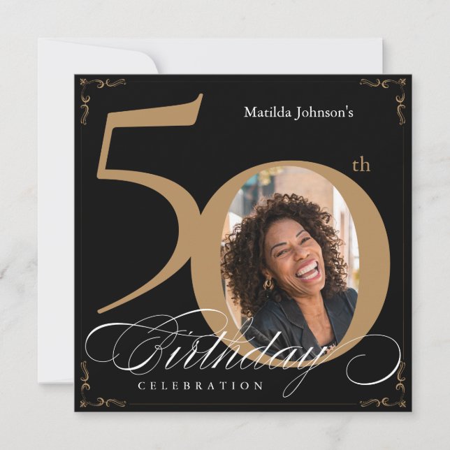 Invitation Carré 50e anniversaire Black Gold Calligraphy Phot (Devant)
