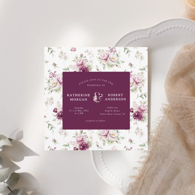 Invitation carré à fleurs magenta jardin mariage (Créateur téléchargé)