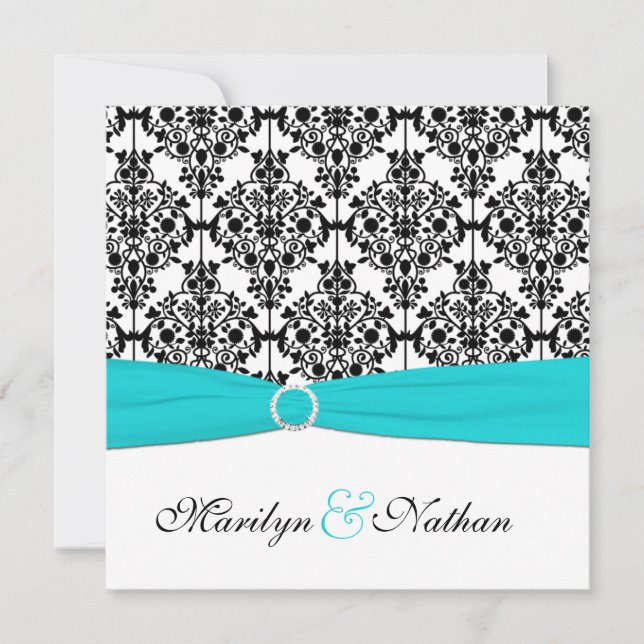 Invitation Carré Aqua, White et Black Damask II (Devant)