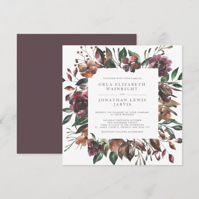 Invitation Carré Automne Aquarelle Muet Floral Frame Mariage (Devant / Derrière)