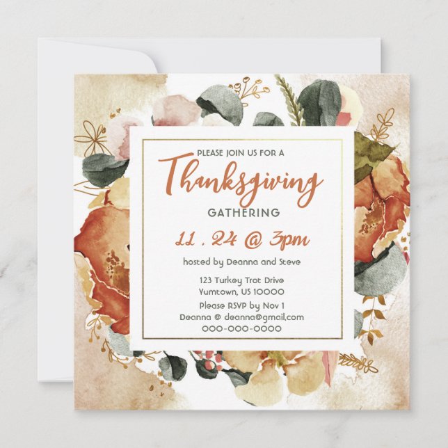 Invitation Carré Automne Floral Brûlé Orange Thanksgiving (Devant)