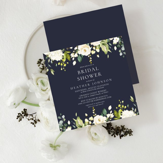 Invitation Carré Bleu & Blanc Floral Drop Fête des mariées (Créateur téléchargé)