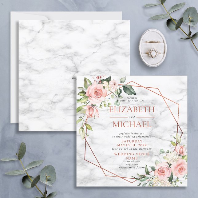 Invitation Carré Cuivre Géométrique Marbre rose Floral Mariag (Créateur téléchargé)