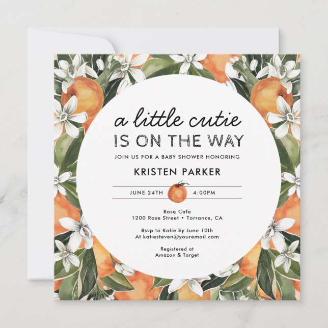 Invitation Carré de Baby shower à thème orange Little Cutie (Devant)