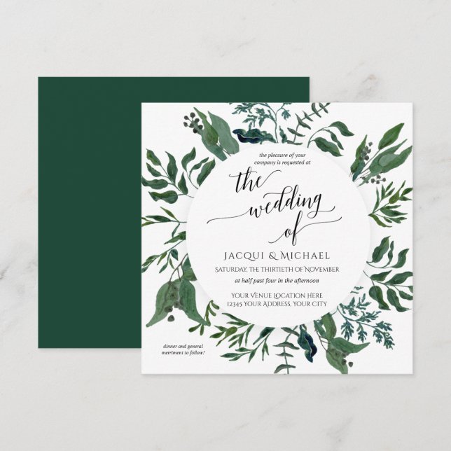 Invitation Carré de la guirlande | d'aquarelle de mariage de (Devant / Derrière)