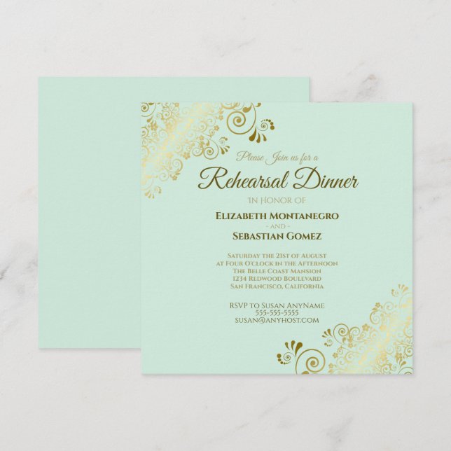 Invitation Carré de la répétition du Mariage Neo Mint & Gold (Devant / Derrière)