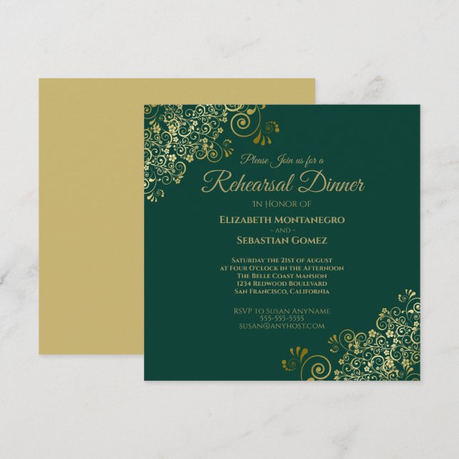Invitation Carré de la répétition Mariage Gold & Green Chic (Devant / Derrière)