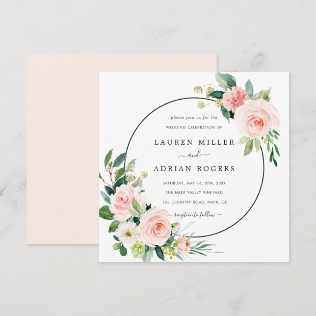 Invitation Carré de Mariage en fleurs roses blanches (Devant / Derrière)