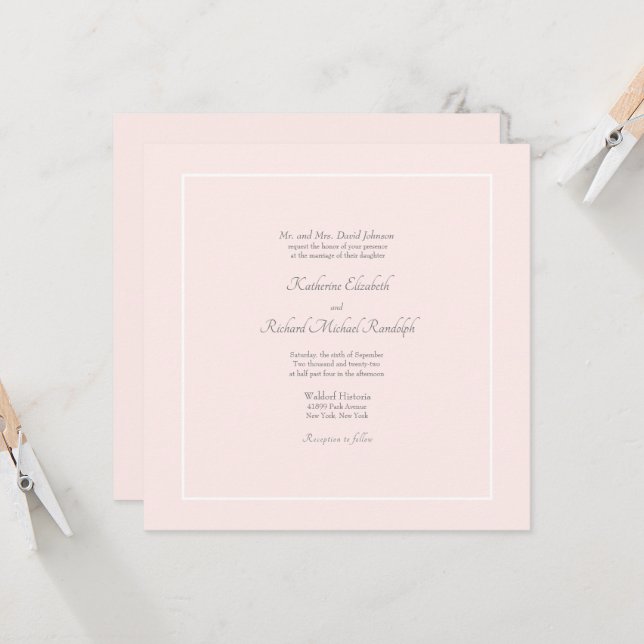 Invitation Carré de Mariage formel simple Elegance Rose (Devant/Arrière en situation)