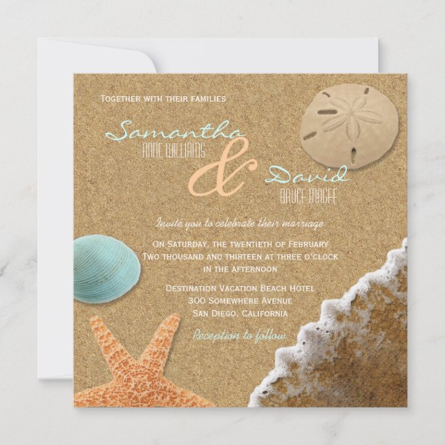 Invitation Carré de plage de sable et de coquillages Faire-pa (Devant)