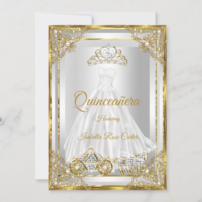 Invitation Carré de tisane or blanc Quinceanera (Devant)