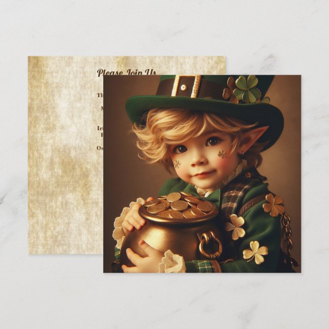 Invitation Carré d'or Leprechaun de St Patrick (Devant / Derrière)