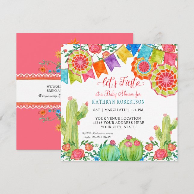 Invitation Carré Fiesta Cactus Baby shower Fille Ventilateur  (Devant / Derrière)