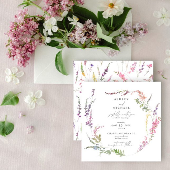 Invitation Carré Fleur sauvage Aquarelle Floral Mariage moder (Créateur téléchargé)
