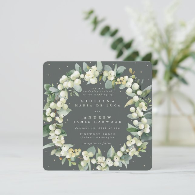 Invitation Carré Green Snowberry+Eucalyptus Wreath Mariage (Debout devant)