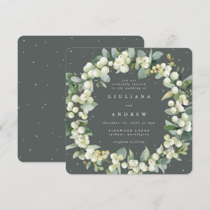 Invitation Carré Green Snowberry+Eucalyptus Wreath Mariage