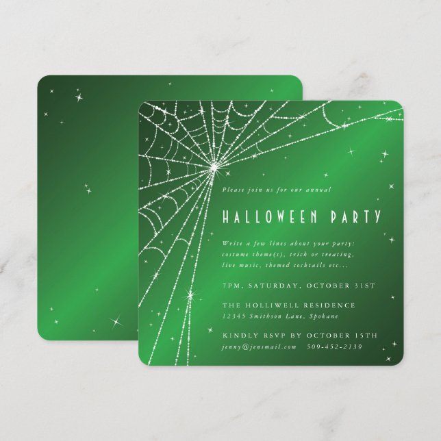 Invitation Carré Green Sparkling Spider Web Halloween Party (Devant / Derrière)