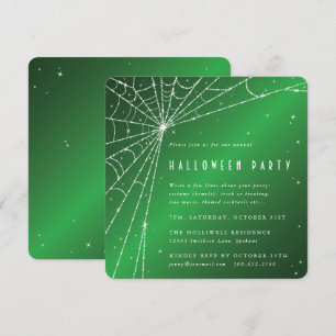 Invitation Carré Green Sparkling Spider Web Halloween Party