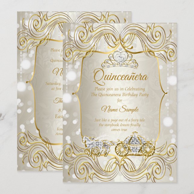 Invitation Carré magique Quinceanera or Beige Argent (Devant / Derrière)