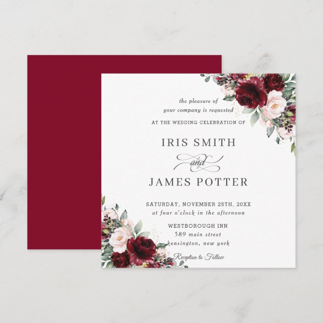 Invitation Carré Mariage à fleurs Burgundy classique (Devant / Derrière)