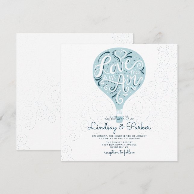 Invitation Carré Mariage bleu clair Love Lettré à la main (Devant / Derrière)