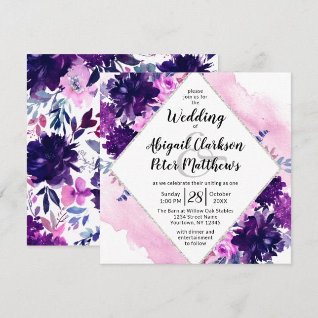 Invitation Carré Mariage d'aquarelle violet floral enchanté (Devant / Derrière)