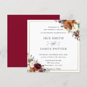 Invitation Carré Mariage floral Burange Orange Ivory Bourgogn