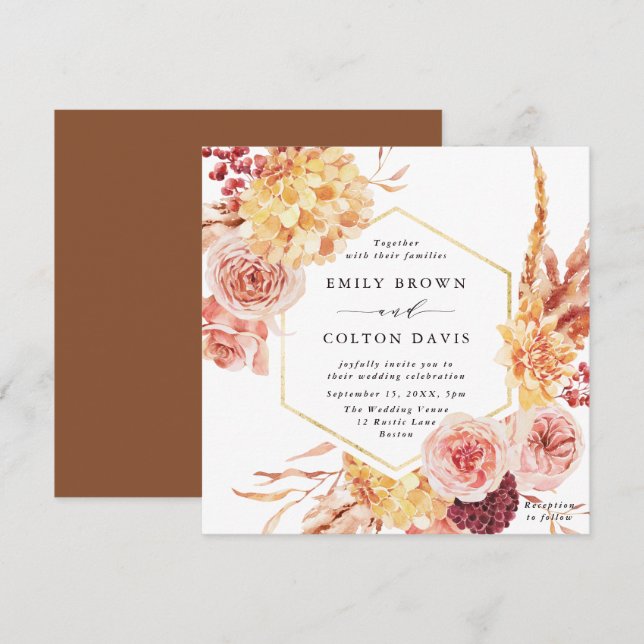 Invitation Carré Mariage Floral Burgundy Terracotta Gold (Devant / Derrière)