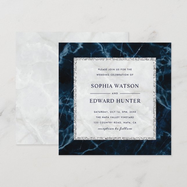 Invitation Carré Mariage Marbre blanc bleu marine (Devant / Derrière)