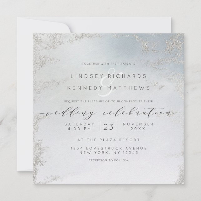 Invitation Carré Mariage Ombre Dusty Blue Frosted Silver (Devant)